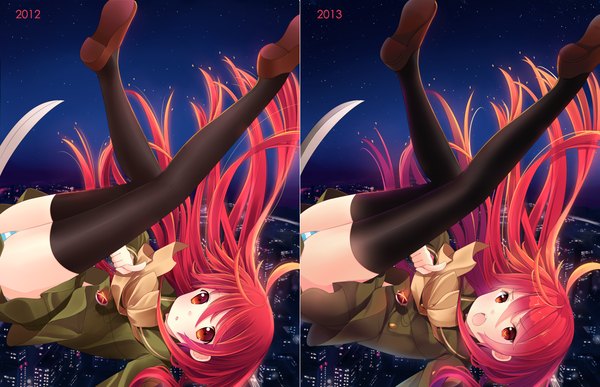 Anime picture 1275x823 with shakugan no shana j.c. staff shana hitsukuya long hair open mouth light erotic red hair night :o orange eyes pantyshot night sky city multiview girl thighhighs uniform underwear panties