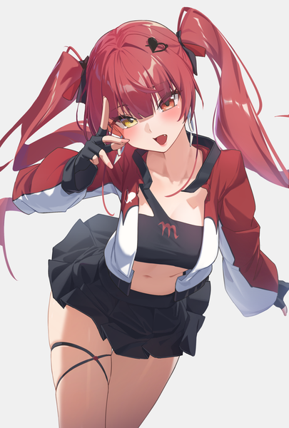 Anime picture 1582x2344 with virtual youtuber hololive iii (hololive) houshou marine reulem single long hair tall image looking at viewer fringe open mouth simple background hair between eyes twintails red hair head tilt :d pleated skirt grey background open jacket