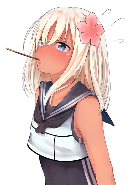 Anime picture 2508x3541 with kantai collection ro-500 submarine go-1 single long hair tall image blush fringe highres blue eyes simple background blonde hair hair between eyes white background holding upper body hair flower sleeveless mouth hold looking up