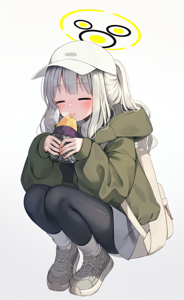 Anime picture 2894x4702 with blue archive hare (blue archive) hare (camp) (blue archive) fuyoyo single long hair tall image blush highres simple background white background silver hair ponytail eyes closed official alternate costume squat eating = = girl pantyhose