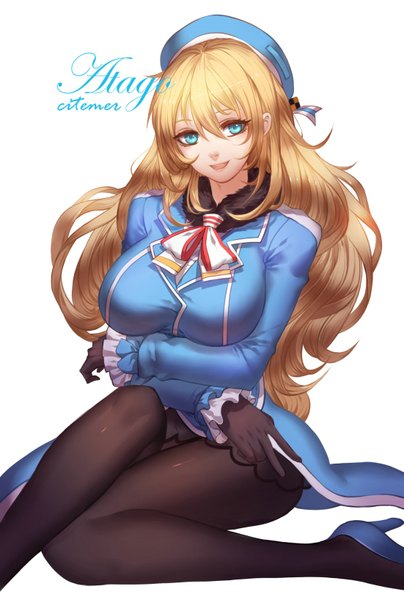 Anime picture 1101x1636 with kantai collection atago heavy cruiser gu-ko citemer single long hair tall image looking at viewer fringe breasts open mouth blue eyes light erotic simple background blonde hair large breasts white background sitting high heels victory girl
