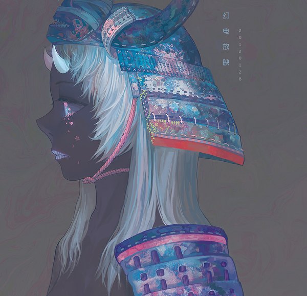 Anime picture 1100x1061 with original sarnath single long hair simple background silver hair white hair profile horn (horns) grey background lipstick dark skin hieroglyph topless multicolored eyes boy armor helmet rope