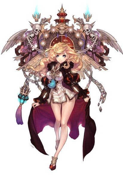 Anime picture 2000x2907 with original olivia (yh) long hair tall image highres blue eyes blonde hair smile lips legs skeleton dress wings chain skull mantle