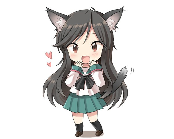 Anime picture 1024x819 with a channel nishi yuuko single long hair blush open mouth black hair simple background red eyes white background animal ears cat ears cat tail chibi cute girl uniform school uniform heart