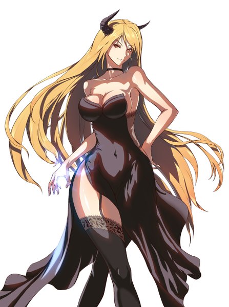 Anime picture 1000x1343 with original zgwg single long hair tall image looking at viewer fringe breasts light erotic simple background blonde hair smile large breasts standing white background bare shoulders brown eyes cleavage horn (horns) shadow