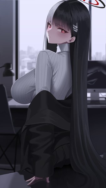 Anime picture 3000x5333 with blue archive rio (blue archive) re-leaf single long hair tall image looking at viewer fringe highres breasts light erotic black hair red eyes large breasts standing outdoors indoors blunt bangs long sleeves parted lips