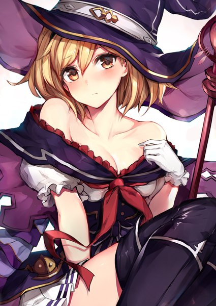 Anime picture 2507x3541 with granblue fantasy gita (granblue fantasy) watao single tall image looking at viewer blush fringe highres short hair breasts light erotic simple background blonde hair hair between eyes white background sitting bare shoulders brown eyes cleavage