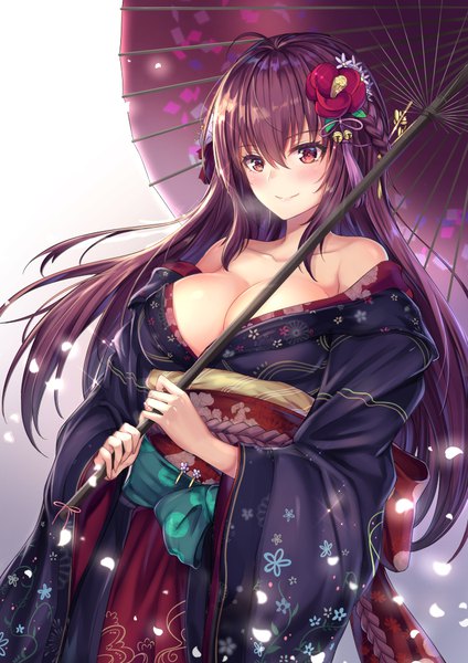 Anime-Bild 742x1050 mit fate (series) fate/grand order scathach (fate) (all) scathach (fate) cenangam single long hair tall image looking at viewer blush fringe breasts light erotic simple background smile hair between eyes red eyes large breasts standing bare shoulders