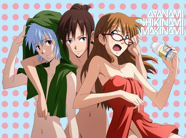 Anime picture 1600x1191 with neon genesis evangelion gainax ayanami rei shikinami asuka langley makinami mari illustrious tagme (artist) long hair blush short hair breasts open mouth blue eyes light erotic smile red eyes brown hair standing bare shoulders multiple girls holding