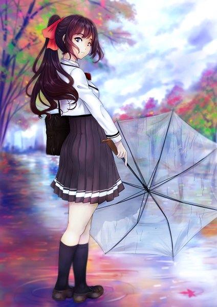 Anime picture 900x1273 with original konekoneko (indonesia) single long hair tall image looking at viewer fringe brown hair standing holding yellow eyes payot sky cloud (clouds) full body outdoors ponytail pleated skirt looking back grey eyes