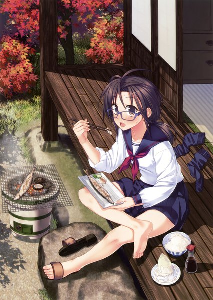 Anime picture 2494x3500 with original yuuki keisuke single long hair tall image looking at viewer blush highres open mouth black hair sitting brown eyes full body from above scan eating single shoe girl skirt uniform