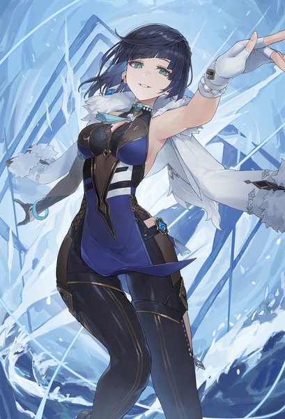 Anime picture 2000x2933 with genshin impact yelan (genshin impact) cotta (heleif) single tall image looking at viewer fringe highres short hair black hair smile green eyes magic spread arms clothes on shoulders girl gloves tassel single earring vision (genshin impact)