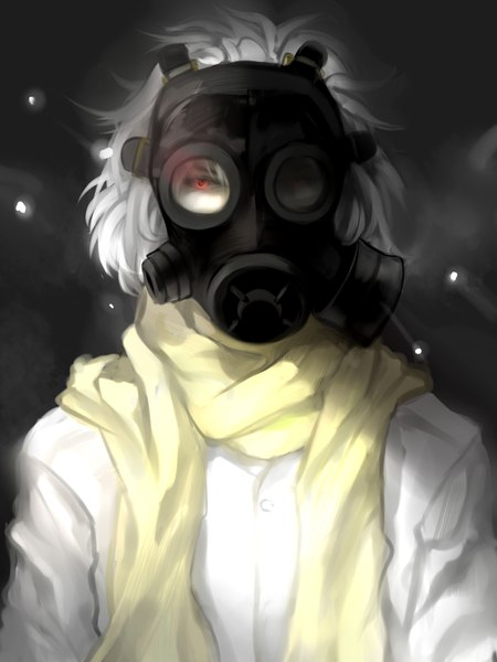Anime picture 1500x2000 with dramatical murder nitro+chiral clear (dmmd) gackpokaito single tall image looking at viewer short hair red eyes white hair dark background boy scarf gas mask