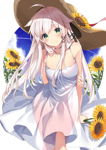 Anime-Bild 800x1126 mit original anceril sacred mishima kurone single long hair tall image looking at viewer blush fringe breasts simple background smile hair between eyes standing white background bare shoulders holding green eyes sky cloud (clouds)