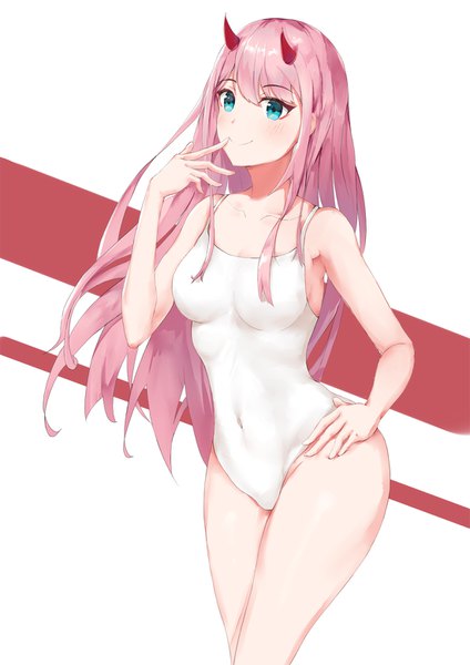 Anime picture 1100x1556 with darling in the franxx studio trigger zero two (darling in the franxx) xiaozuo cang single long hair tall image blush fringe breasts blue eyes light erotic simple background smile hair between eyes standing white background bare shoulders looking away pink hair