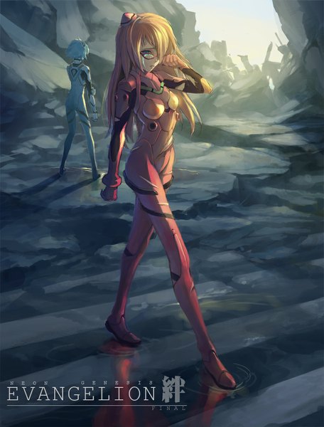Anime picture 837x1100 with neon genesis evangelion gainax soryu asuka langley ayanami rei final (final) long hair tall image fringe short hair breasts standing multiple girls from behind hair over one eye orange hair aqua hair tears back walking sad