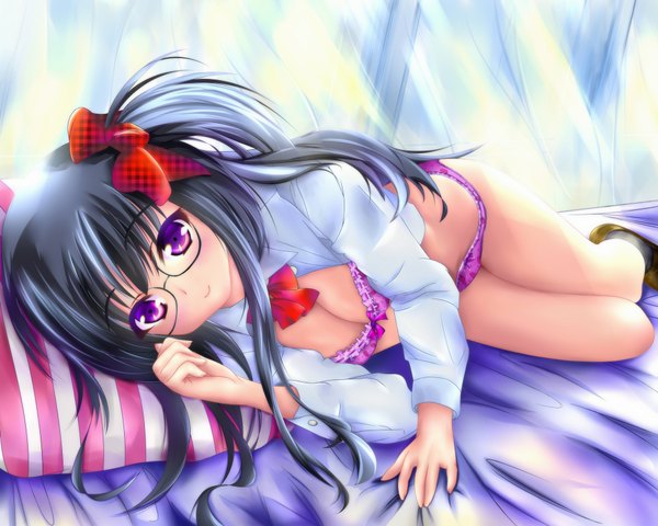 Anime picture 1920x1536 with original sweetcloud long hair highres light erotic black hair purple eyes lying open clothes open shirt girl underwear panties bow hair bow shirt glasses lingerie bra pink panties