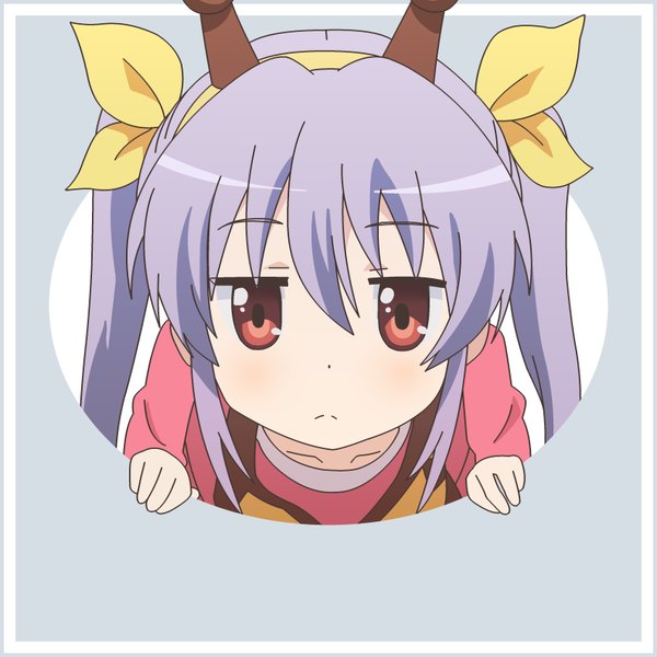 Anime picture 850x850 with non non biyori silver link pixiv miyauchi renge mugen ouka single long hair looking at viewer blush fringe simple background hair between eyes red eyes twintails payot purple hair grey background border vector :<