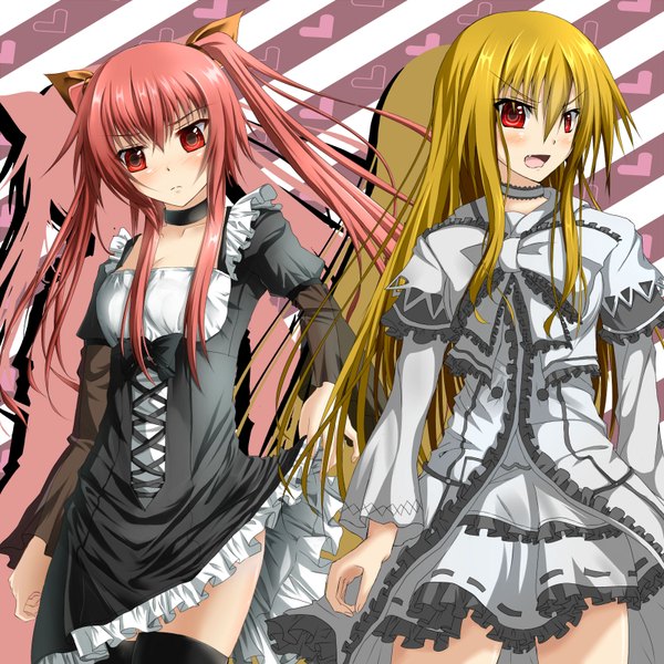 Anime picture 1600x1600 with original nakadadaichi long hair blush open mouth blonde hair red eyes twintails multiple girls pink hair :d teeth shadow fang (fangs) >:( >:d girl thighhighs dress black thighhighs