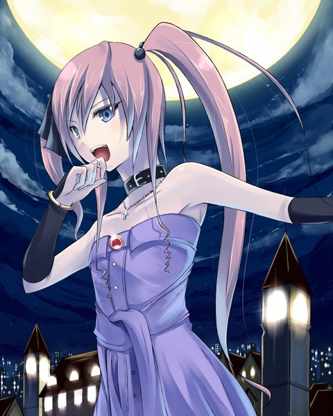 Anime picture 1200x1500 with original yuki mizore long hair tall image open mouth blue eyes twintails pink hair night sky girl dress building (buildings) moon collar