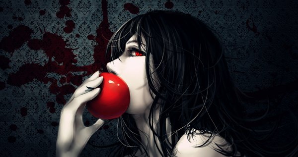 Anime picture 1920x1015 with original ao aka maou single long hair looking at viewer highres black hair red eyes wide image bare shoulders monochrome dark background close-up pale skin blood stains girl fruit apple