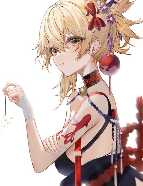 Anime picture 1580x2048 with genshin impact yoimiya (genshin impact) raiya atelier single tall image looking at viewer blush fringe short hair breasts light erotic simple background blonde hair hair between eyes white background holding yellow eyes upper body parted lips arm up