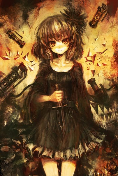 Anime picture 1000x1480 with original lm7 (op-center) single tall image looking at viewer short hair brown hair brown eyes hair flower light smile wide sleeves girl dress hair ornament weapon animal belt bird (birds) knife grenade
