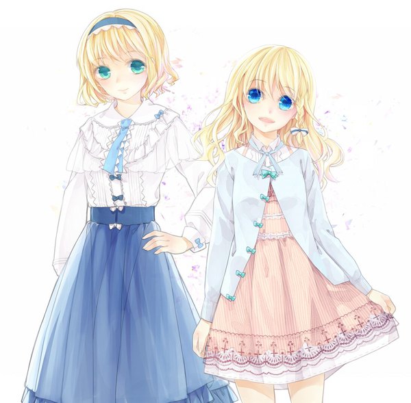 Anime picture 1093x1073 with touhou kirisame marisa alice margatroid tsukimiya kamiko long hair short hair open mouth blue eyes blonde hair smile standing white background multiple girls green eyes braid (braids) alternate costume hand on hip side braid girl dress