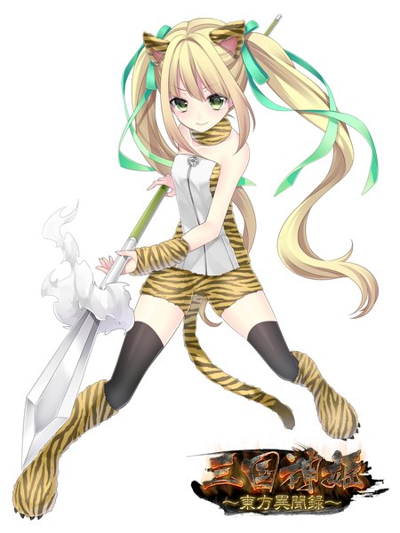 Anime picture 1920x2560 with original takamiya ren single long hair tall image looking at viewer highres blonde hair white background twintails green eyes animal ears tail animal tail girl thighhighs ribbon (ribbons) black thighhighs hair ribbon polearm