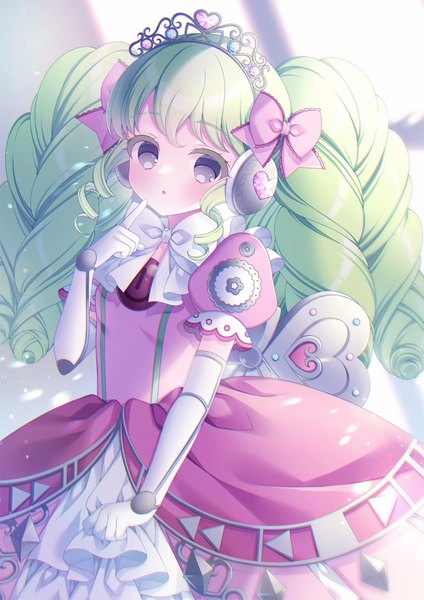 Anime picture 1061x1500 with puri para pretty (series) falulu puu (kari---ume) single long hair tall image looking at viewer fringe twintails green hair :o grey eyes puffy sleeves drill hair girl dress bow hair bow headphones