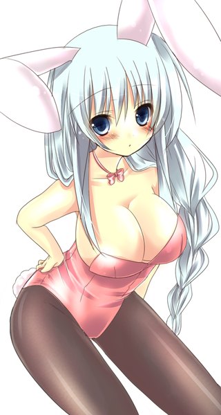 Anime picture 1600x3000 with touhou yagokoro eirin amane ruri single long hair tall image looking at viewer blush breasts blue eyes light erotic simple background large breasts white background bare shoulders animal ears silver hair tail animal tail bunny ears