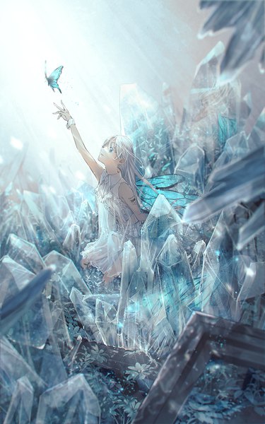Anime picture 1200x1920 with original nemumi no sora single long hair tall image blue eyes sitting white hair arm up looking up insect wings butterfly wings empty picture frame girl wings insect butterfly wrist cuffs crystal picture frame