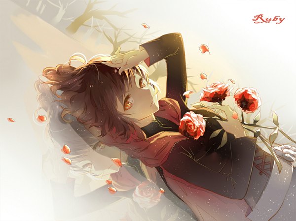 Anime picture 1067x800 with rwby rooster teeth ruby rose a luo single looking at viewer blush brown hair brown eyes on back character names reflection girl flower (flowers) plant (plants) petals tree (trees) rose (roses) hood cape