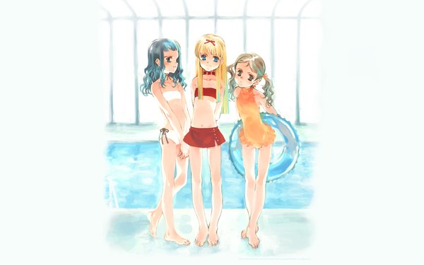 Anime picture 1920x1200 with shirotsume souwa littlewitch touka (shirotsume souwa) ema (shirotsume souwa) sayu (shirotsume souwa) oyari ashito long hair looking at viewer highres blonde hair wide image standing twintails multiple girls blue hair full body barefoot grey hair poolside girl