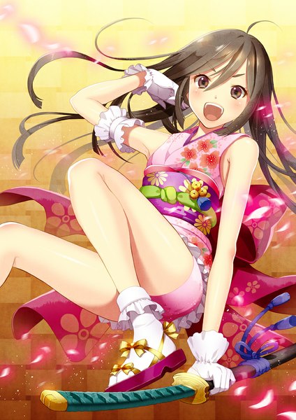 Anime picture 722x1022 with original nakahara (fukufuku) single long hair tall image blush open mouth brown hair bare shoulders brown eyes bent knee (knees) arm up adjusting hair checkered background convenient leg girl gloves bow weapon petals