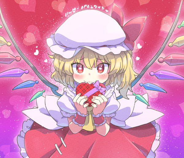 Anime picture 857x734 with touhou flandre scarlet tanasuke single looking at viewer blush short hair blonde hair smile red eyes nail polish fang (fangs) puffy sleeves one side up text symbol-shaped pupils valentine heart-shaped pupils pink nail polish girl
