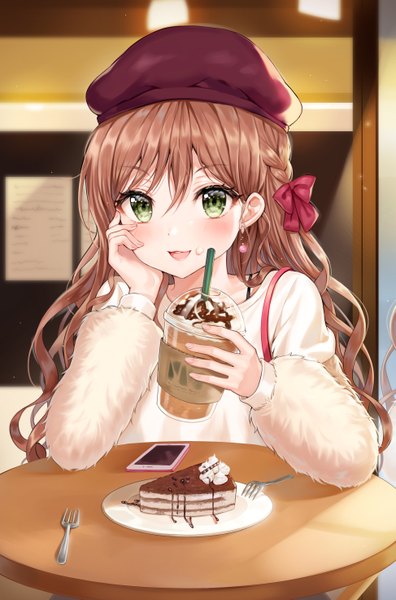 Anime picture 1946x2942 with bang dream! imai lisa tokkyu single long hair tall image looking at viewer blush fringe highres open mouth smile hair between eyes brown hair sitting holding green eyes upper body indoors braid (braids)