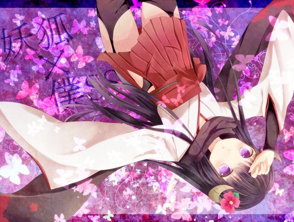 Anime picture 1322x1000 with inu x boku ss david production shirakiin ririchiyo hinaka 8910 single long hair purple eyes purple hair traditional clothes japanese clothes hair flower horn (horns) miko nontraditional miko girl thighhighs skirt hair ornament flower (flowers) black thighhighs