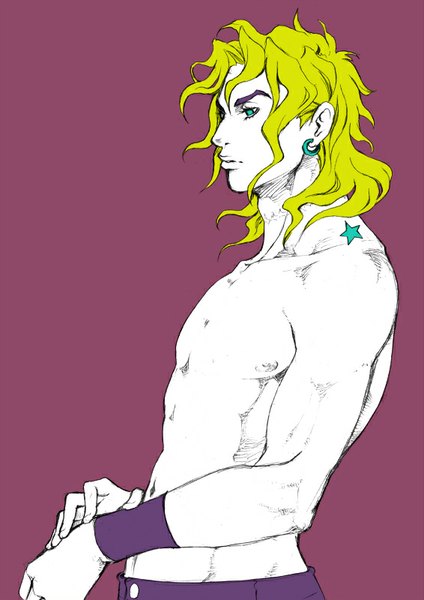 Anime picture 566x800 with jojo no kimyou na bouken dio brando chounorin single long hair tall image simple background blonde hair aqua eyes wind mole piercing ear piercing scar topless eyebrows purple background messy hair joestar birthmark boy