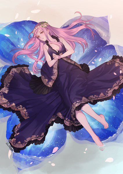 Anime picture 566x800 with original ojyou single long hair tall image brown eyes looking away pink hair barefoot partially submerged hands clasped girl dress flower (flowers) petals water wreath purple dress