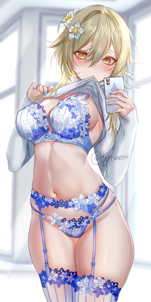 Anime picture 3000x6000 with genshin impact lumine (genshin impact) pottsness single tall image looking at viewer blush fringe highres short hair breasts light erotic blonde hair hair between eyes large breasts standing holding signed yellow eyes nail polish