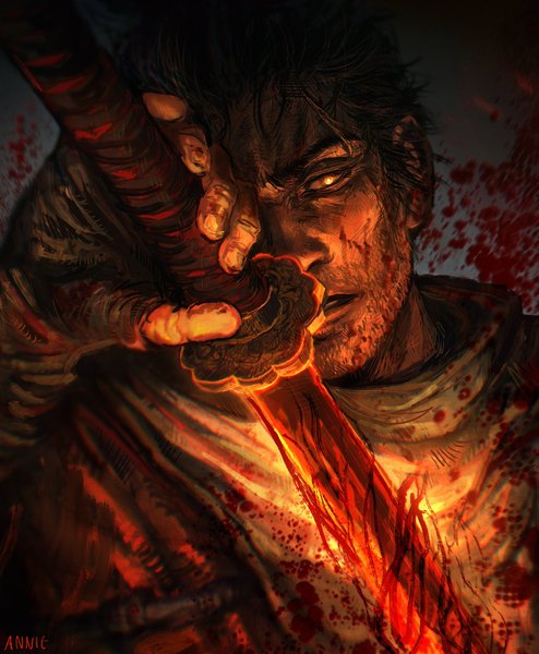 Anime picture 1687x2048 with sekiro: shadows die twice from software sekiro anniechromes single tall image looking at viewer short hair black hair holding signed upper body blood stains boy weapon sword katana blood