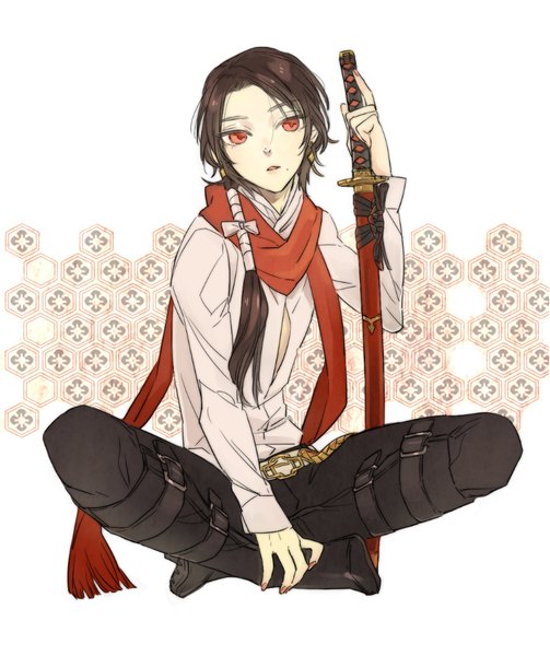 Anime picture 833x993 with touken ranbu nitroplus kashuu kiyomitsu tobacco (tabakokobata) single long hair tall image open mouth black hair simple background red eyes white background sitting looking away full body nail polish mole low ponytail mole under mouth indian style