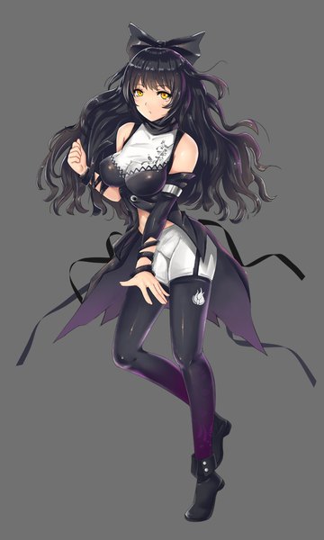 Anime picture 600x1000 with rwby rooster teeth blake belladonna only haruka single long hair tall image looking at viewer blush fringe breasts black hair simple background large breasts standing bare shoulders yellow eyes full body grey background standing on one leg