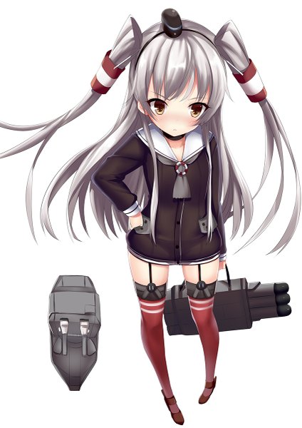 Anime picture 849x1200 with kantai collection amatsukaze destroyer rensouhou-kun aixioo long hair tall image looking at viewer blush white background brown eyes silver hair two side up girl thighhighs weapon hat hair tubes sailor suit mini hat mini top hat