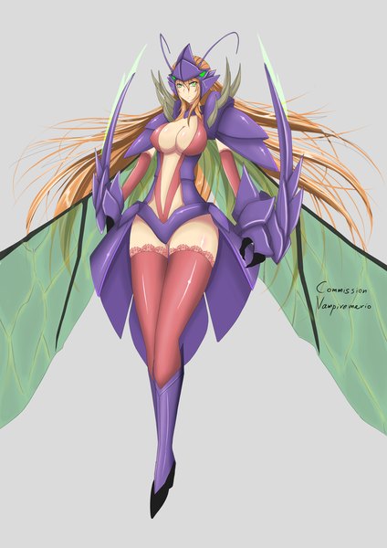 Anime picture 2893x4092 with league of legends kha'zix (league of legends) torahime (roland00) single long hair tall image highres light erotic simple background brown hair green eyes cleavage grey background monster girl girl thighhighs