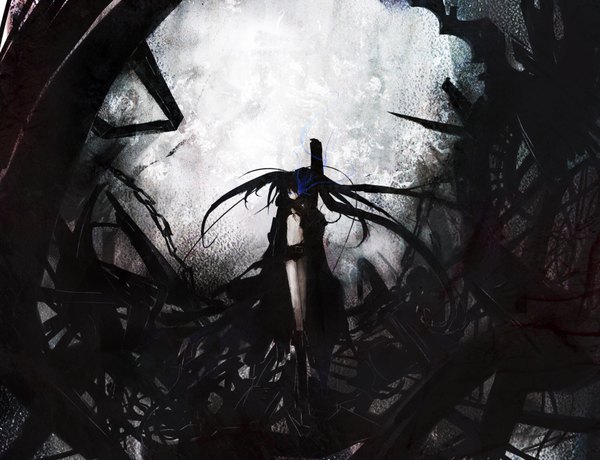 Anime picture 3500x2684 with black rock shooter black rock shooter (character) bwrose single highres blue eyes black hair twintails absurdres very long hair glowing scar glowing eye (eyes) girl shorts star (symbol) blood chain cloak bikini top