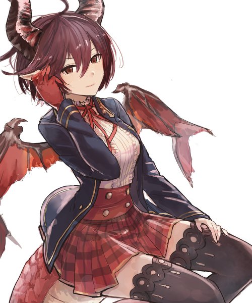 Anime-Bild 1000x1200 mit shingeki no bahamut manaria friends granblue fantasy grea (shingeki no bahamut) mike590922 single tall image looking at viewer fringe short hair breasts simple background smile hair between eyes brown hair white background sitting brown eyes ahoge pleated skirt