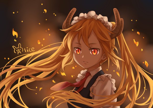 Anime picture 3507x2480 with kobayashi-san chi no maidragon kyoto animation tooru (maidragon) aliceye1105 single long hair highres blonde hair red eyes twintails payot looking away absurdres upper body horn (horns) floating hair girl sparks