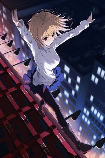 Anime picture 1494x2238 with shingetsutan tsukihime tsukihime (remake) type-moon arcueid brunestud ichi yoshida single tall image fringe short hair breasts blonde hair smile red eyes standing looking away outdoors from above arms up standing on one leg walking